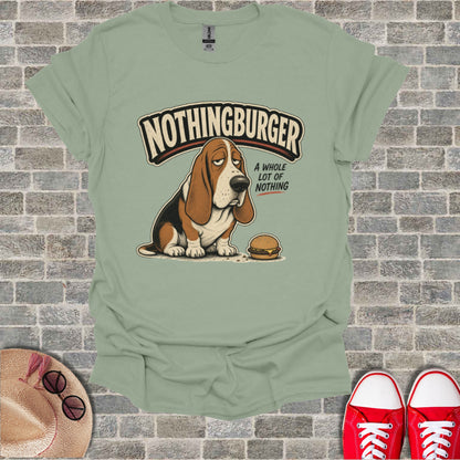 Basset hound sitting near a hamburger with text "NOTHINGBURGER"