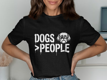Black t-shirt with "DOGS > PEOPLE" text and sunglasses-wearing dog graphic.