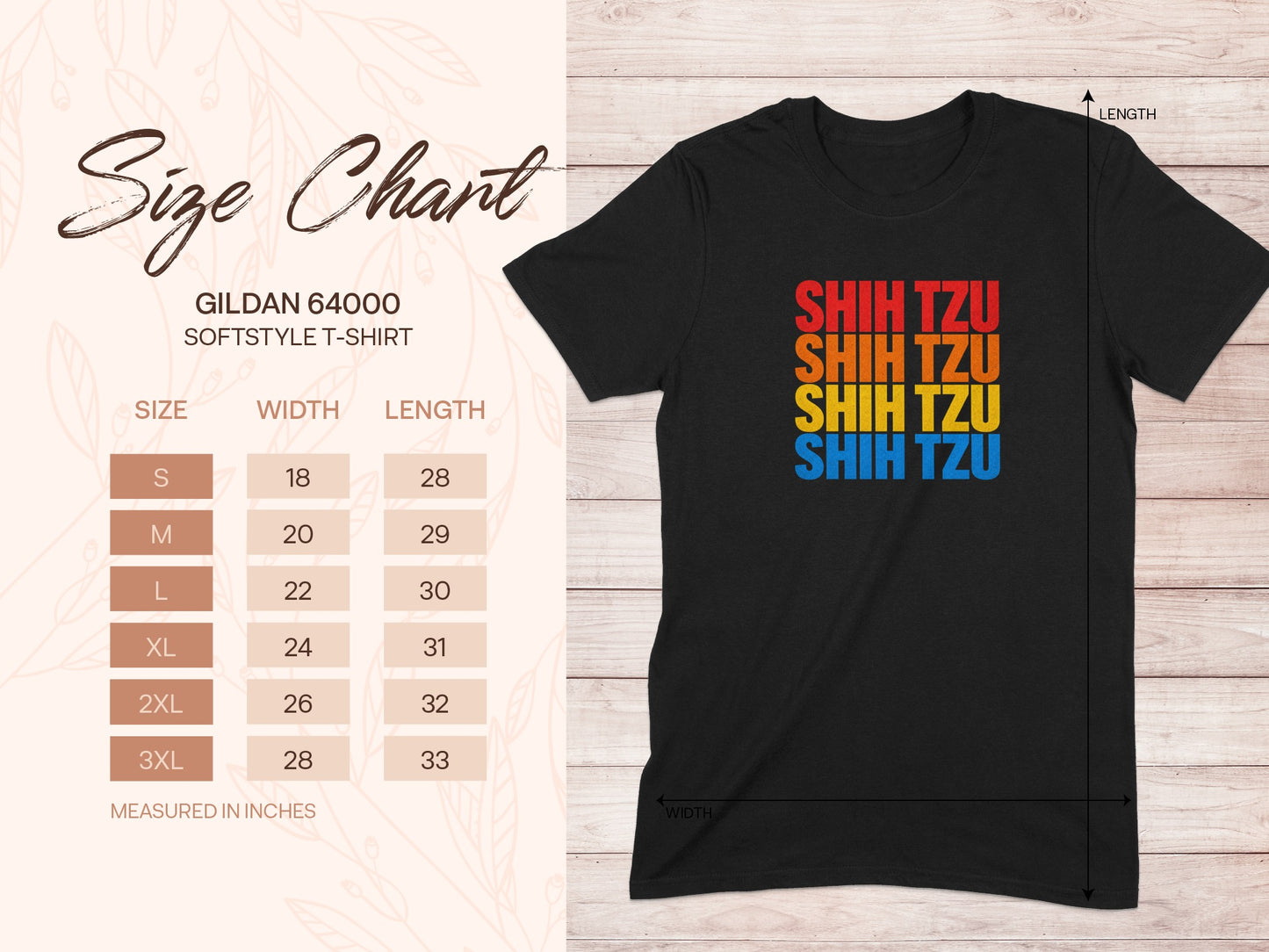 Size chart for Gildan 64000 t-shirt with Shih Tzu text and garment measurements.