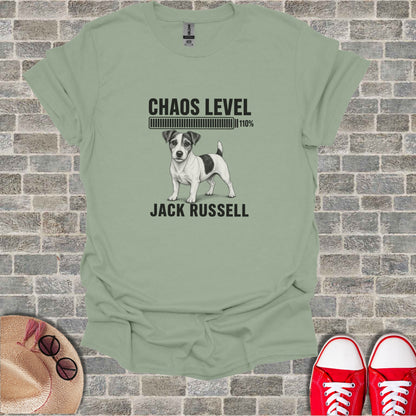 Jack Russell terrier with "Chaos Level 110%" text on a t-shirt.