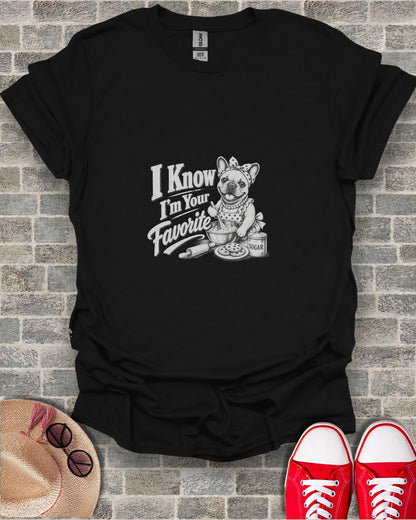 Black t-shirt with illustration of a French bulldog wearing a bandana and apron.