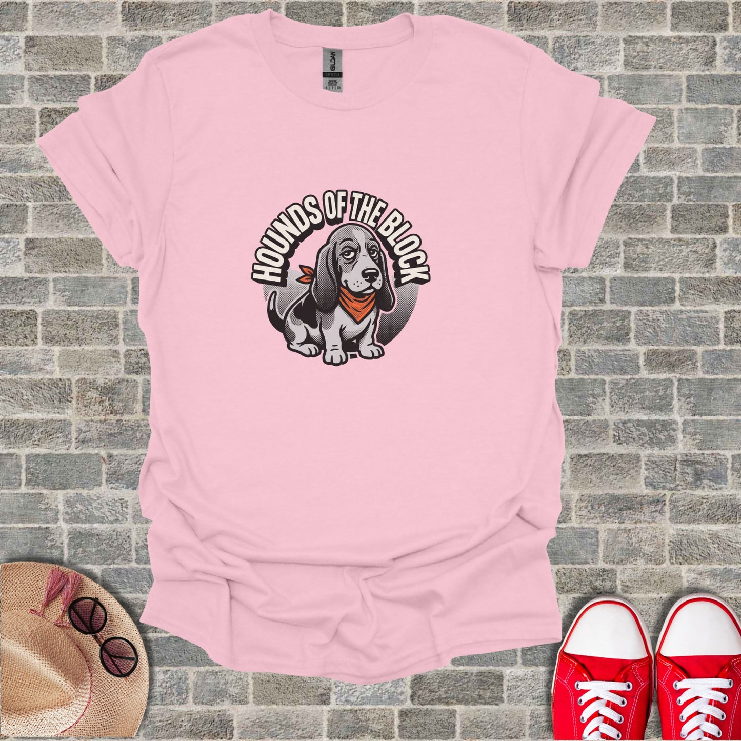 Pink t-shirt with Basset Hound graphic and "Hounds of the Block" text.