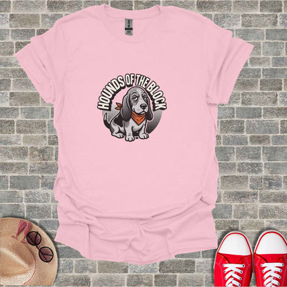 Pink t-shirt with Basset Hound graphic and "Hounds of the Block" text.
