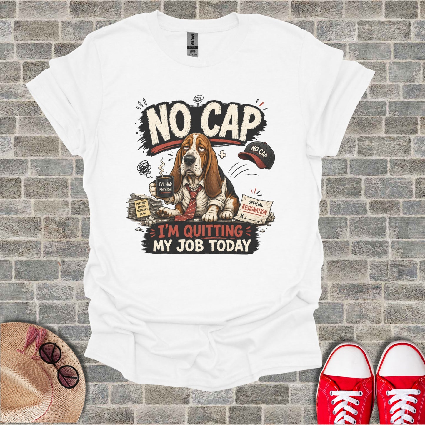 T-shirt with "I'm Quitting My Job Today" and "No Cap" graphic.