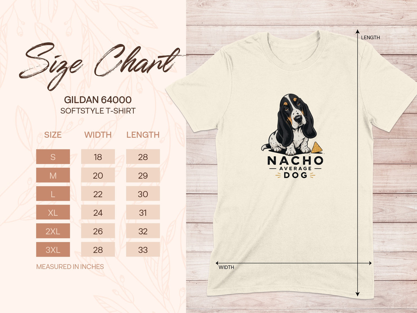 Gildan 64000 softstyle t-shirt size chart with dog graphic.