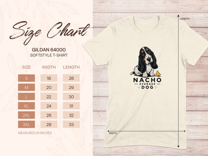 Gildan 64000 softstyle t-shirt size chart with dog graphic.