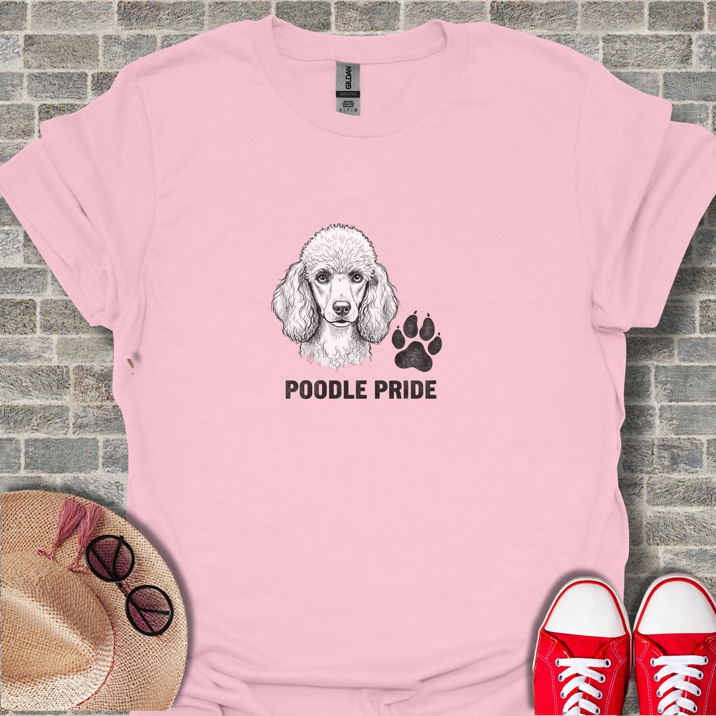 Pink t-shirt with a poodle illustration and "Poodle Pride" text.