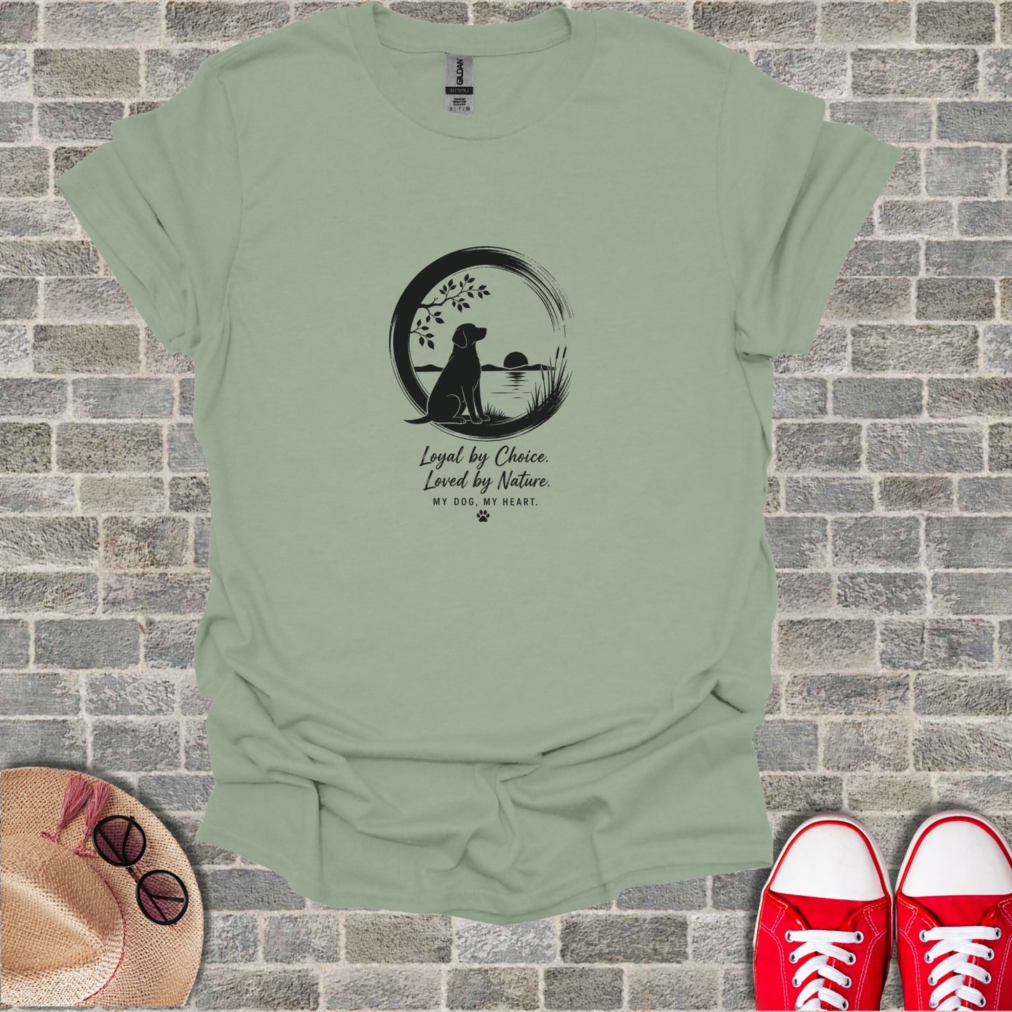 T-shirt with black silhouette of dog and nature scene, text "Loyal by Choice. Loved by Nature. MY DOG, MY HEART."