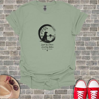 T-shirt with black silhouette of dog and nature scene, text "Loyal by Choice. Loved by Nature. MY DOG, MY HEART."
