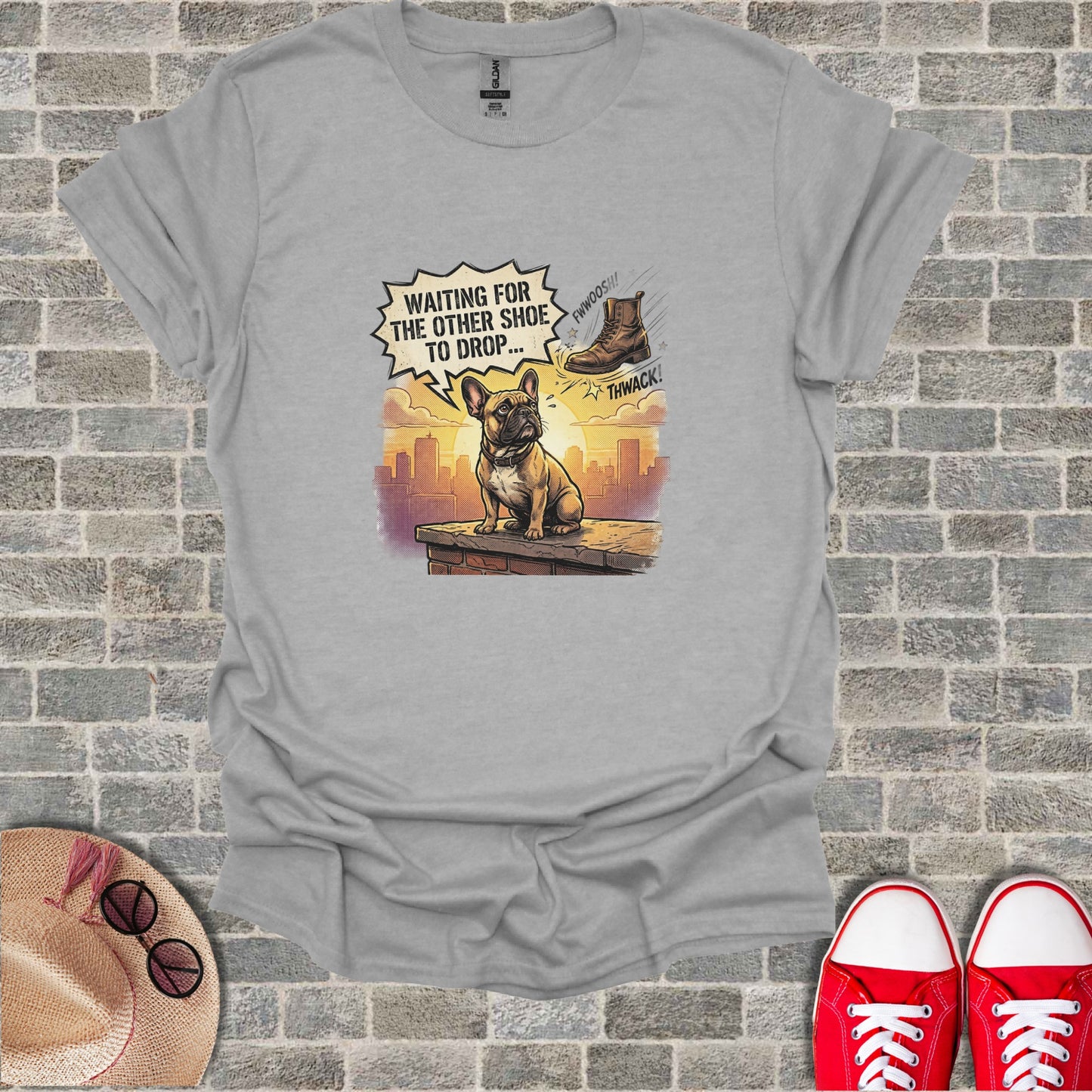 Bulldog sitting on ledge waiting for shoe to drop with text "waiting for the other shoe to drop".