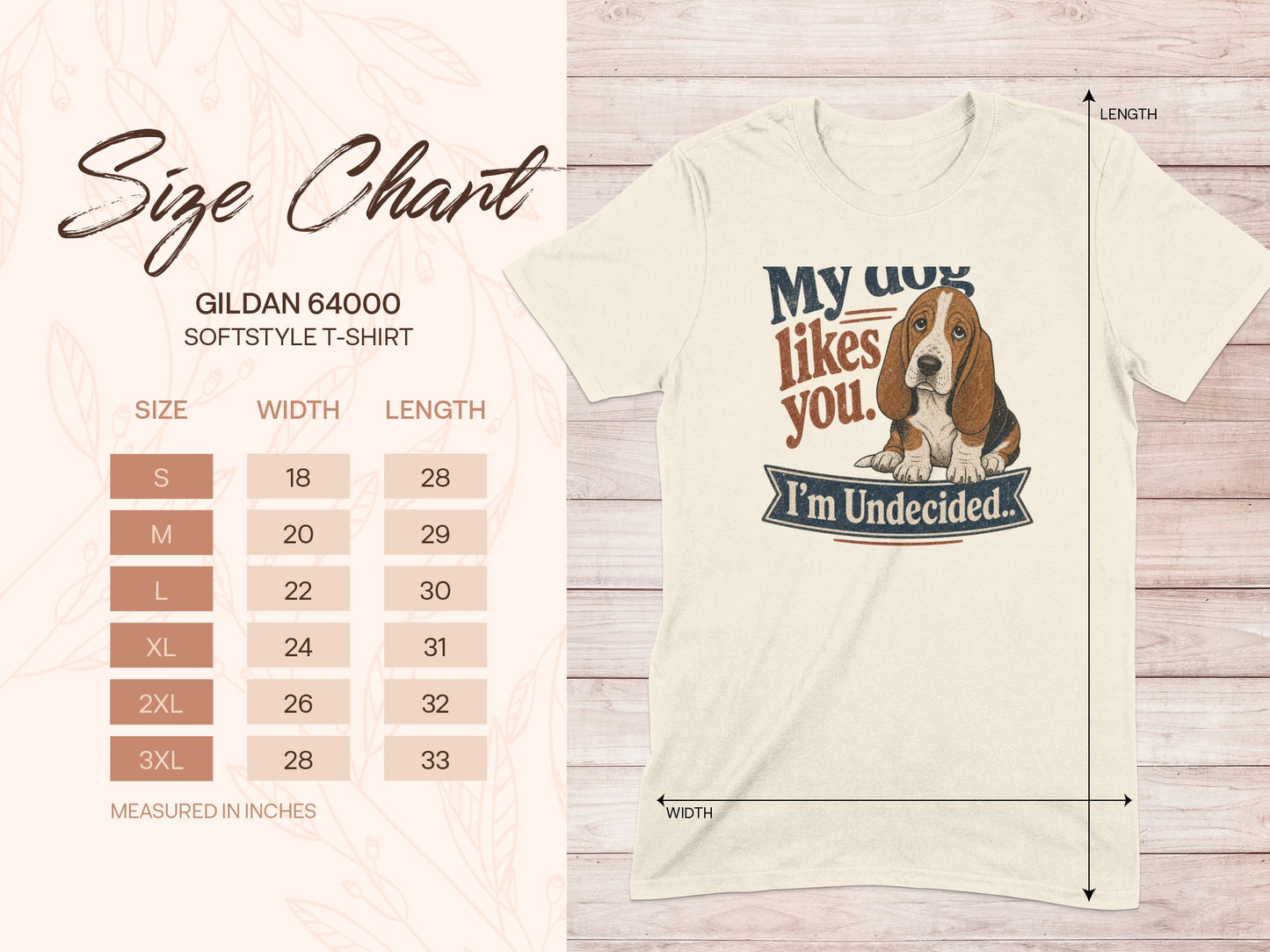 Size chart for Gildan 64000 Softstyle t-shirt with basset hound graphic.