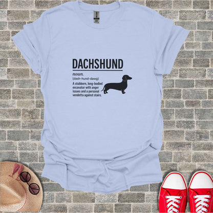 Light blue t-shirt with dachshund graphic and humorous text.