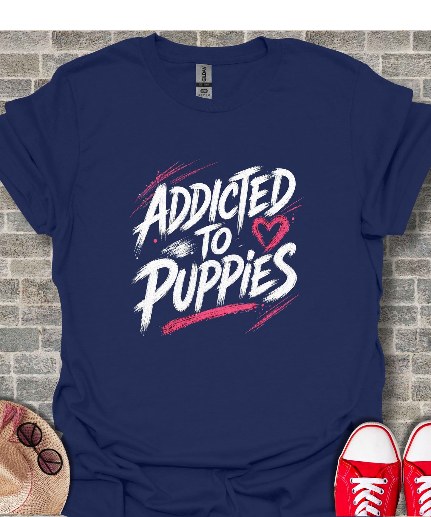 Navy t-shirt with "Addicted to Puppies" text and a pink heart.