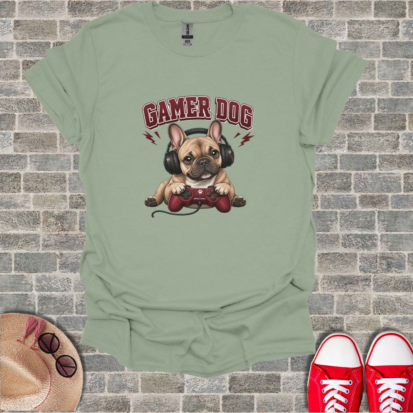 French bulldog wearing headphones and playing video games.