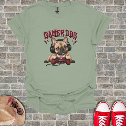 French bulldog wearing headphones and playing video games.