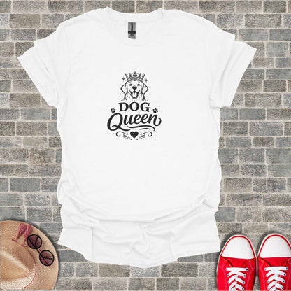 White t-shirt with "Dog Queen" text and a dog wearing a crown.
