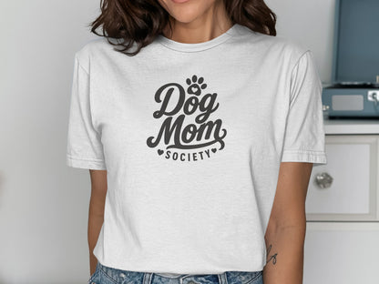 White t-shirt with "Dog Mom SOCIETY" graphic and paw print.