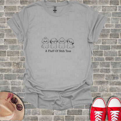 Grey t-shirt with four drawn Shih Tzus and text "A Fluff Of Shih Tzus".