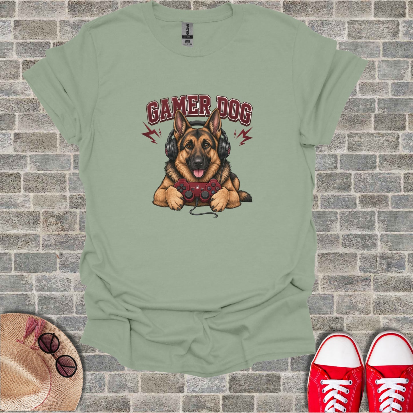 Dog wearing headphones and playing video games with text "Gamer Dog".