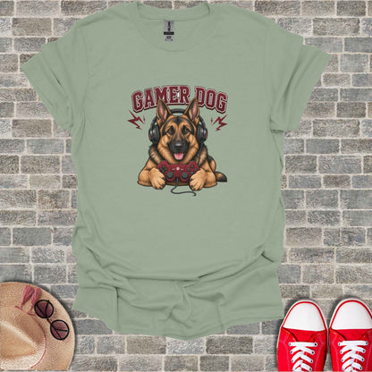 Dog wearing headphones and playing video games with text "Gamer Dog".
