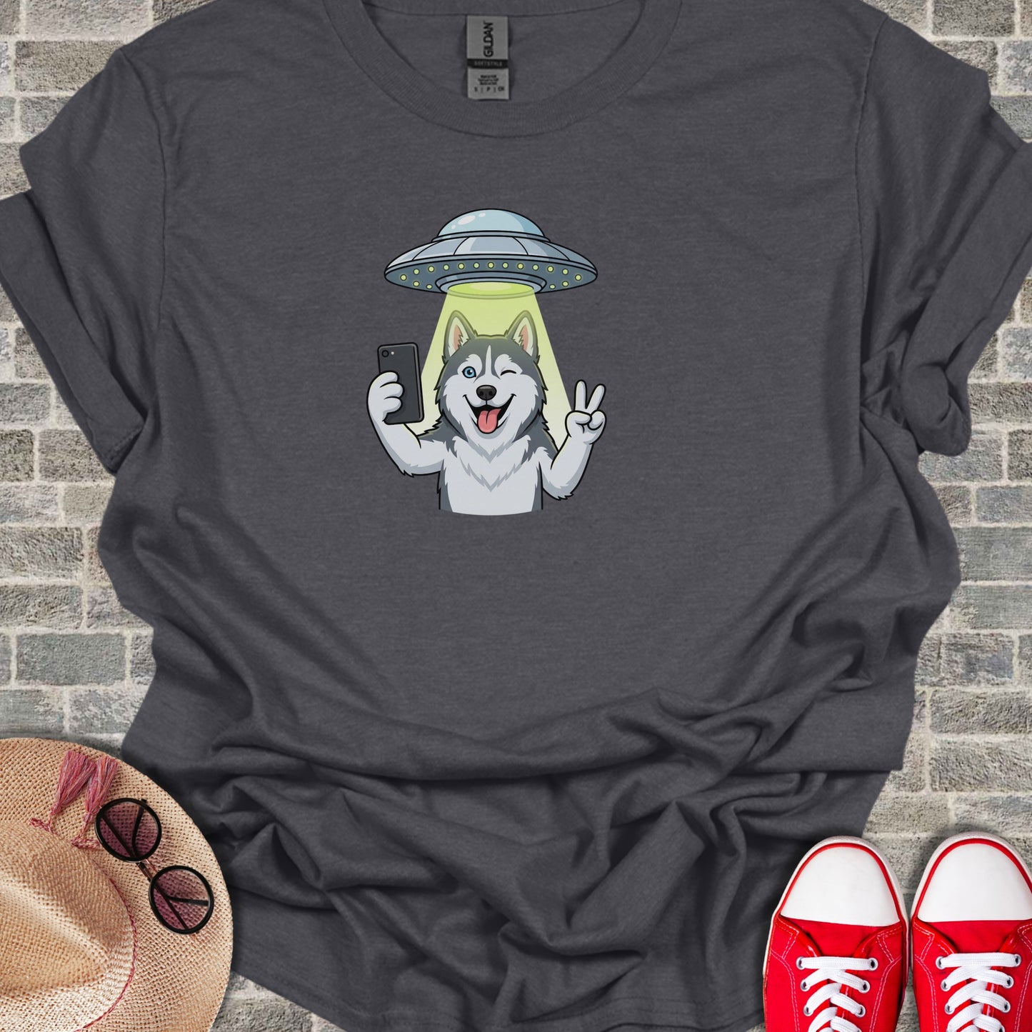 Funny UFO and Husky Graphic Tee Shirt for Dog Lovers