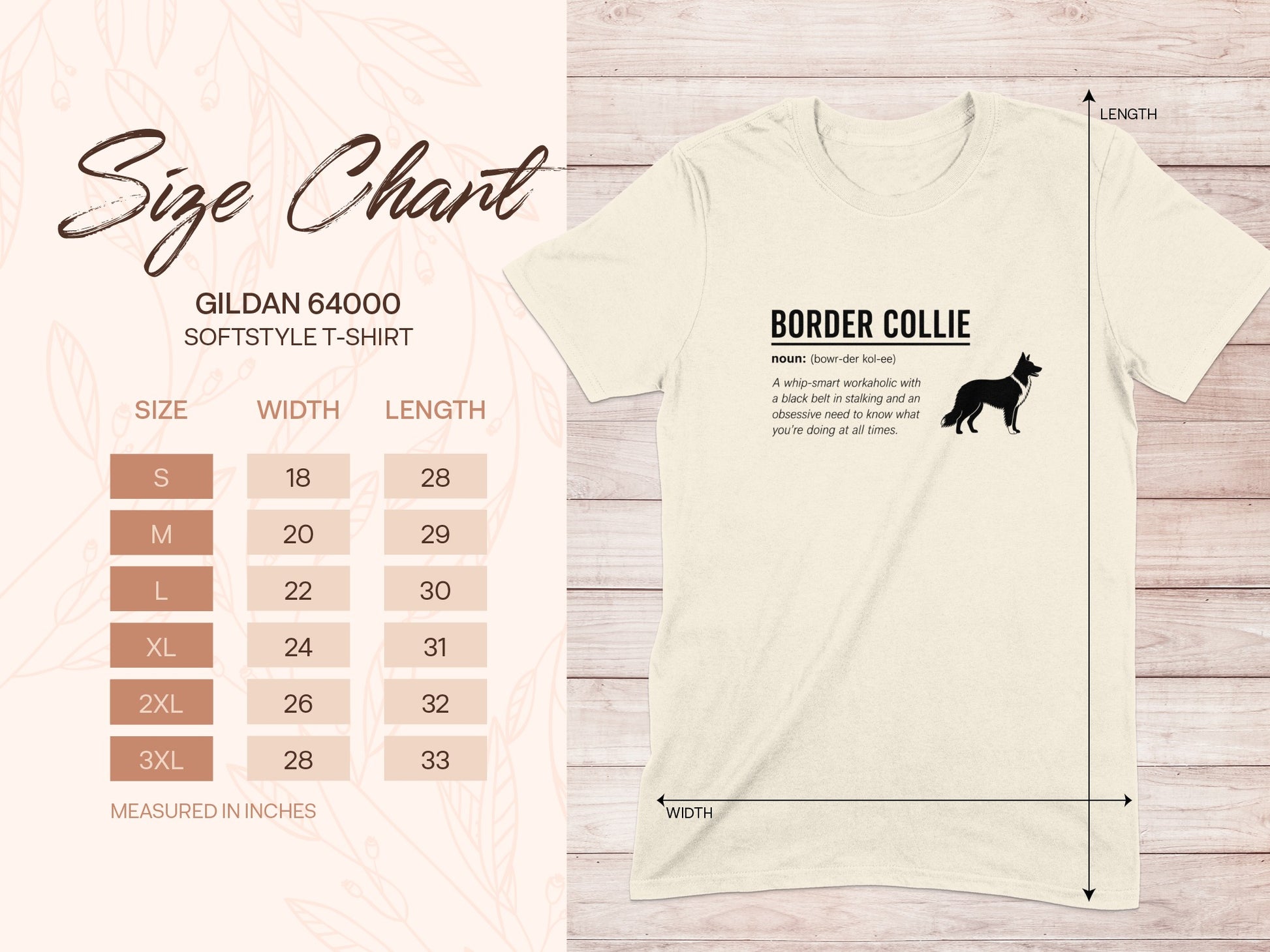 Gildan 64000 t-shirt size chart with measurements and Border Collie description.