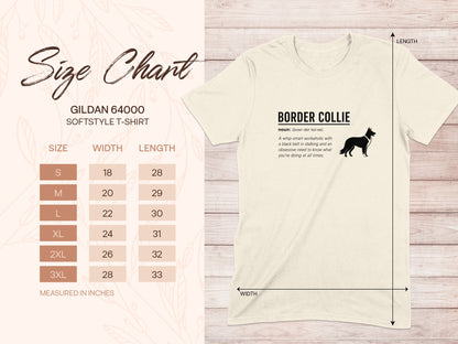 Gildan 64000 t-shirt size chart with measurements and Border Collie description.