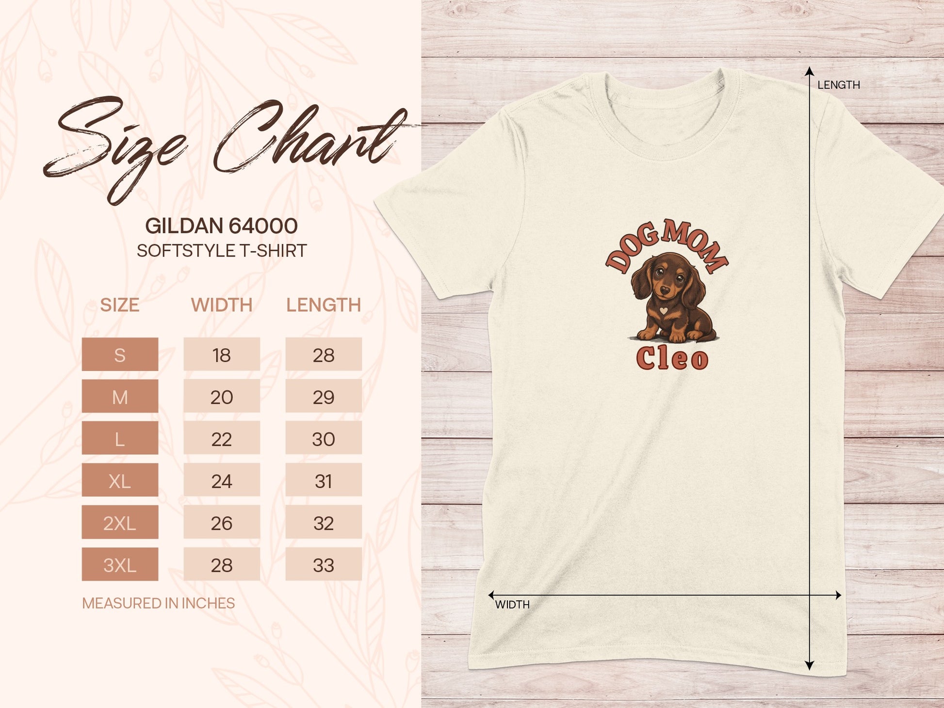 T-shirt size chart for Gildan 64000 Softstyle, featuring a dachshund graphic.
