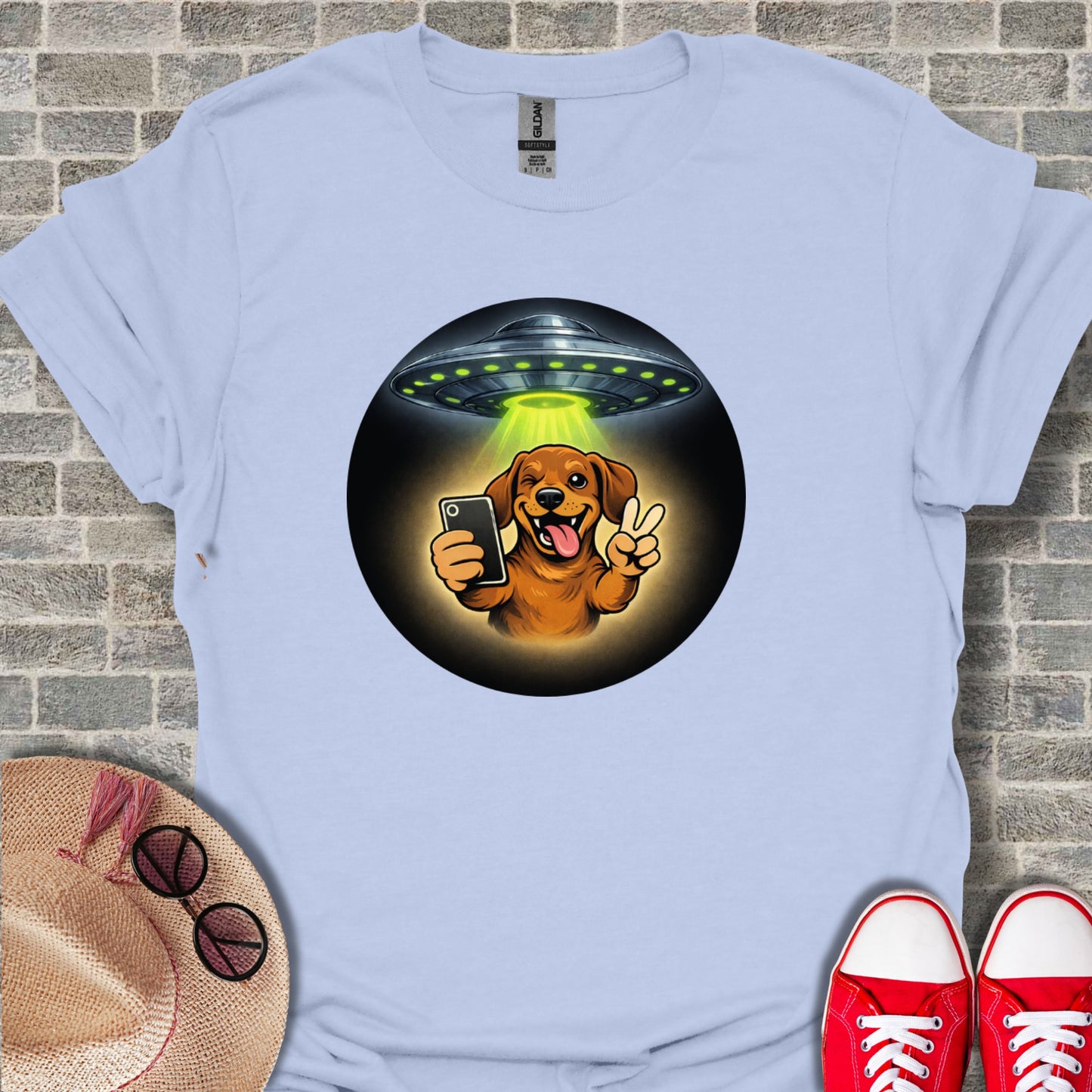 UFO Abducting Selfie Dog Graphic Tee for Fun Product