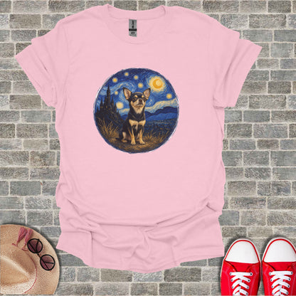 Chihuahua against a starry night sky, on a pink t-shirt.