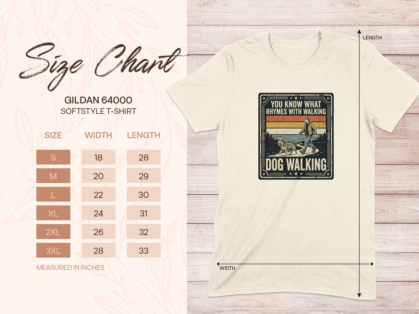 Gildan 64000 size chart with dog walking graphic and measurements.