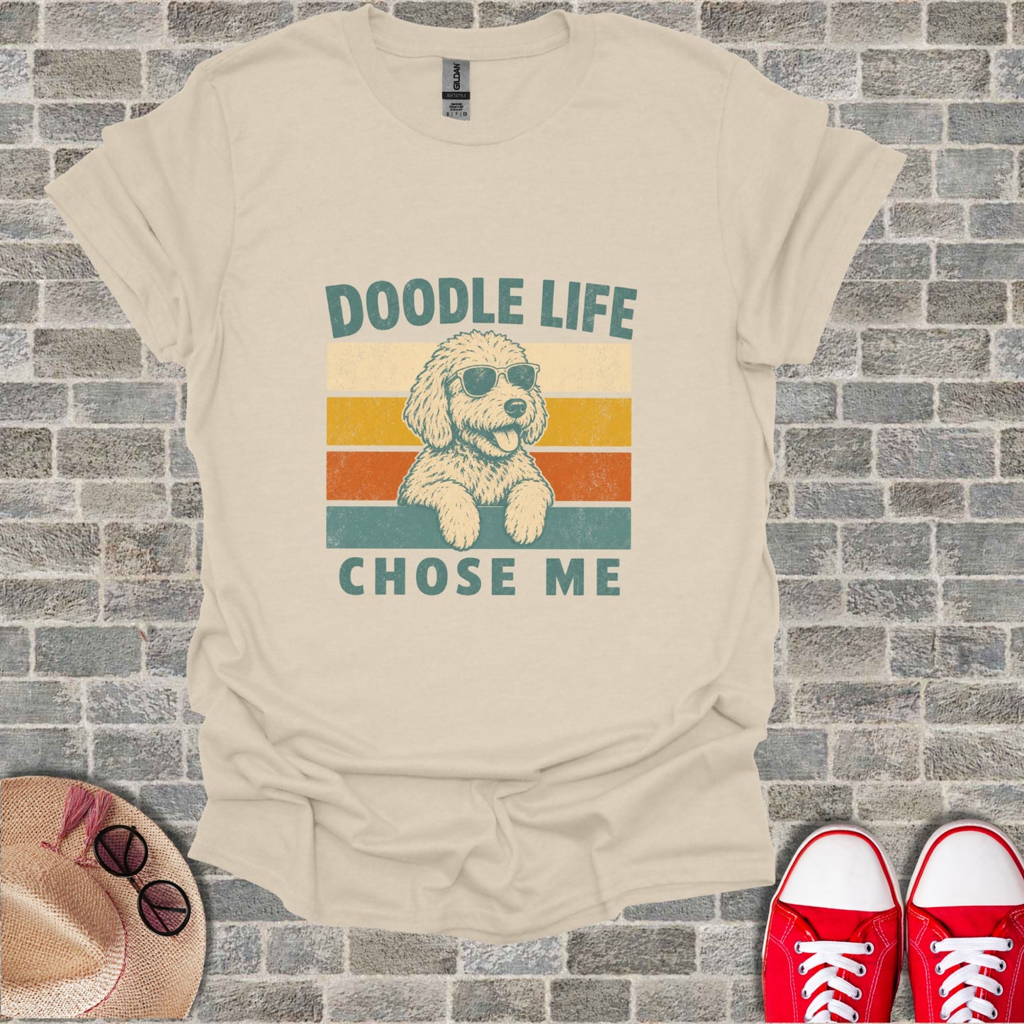 Cream t-shirt with vintage graphic of a dog wearing sunglasses and text "Doodle Life Chose Me".